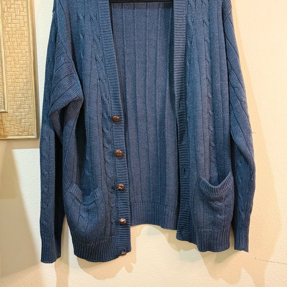 TOWN CRAFT Vintage Navy Blue Button Front & Pockets Cable Knit Cardigan  Size M